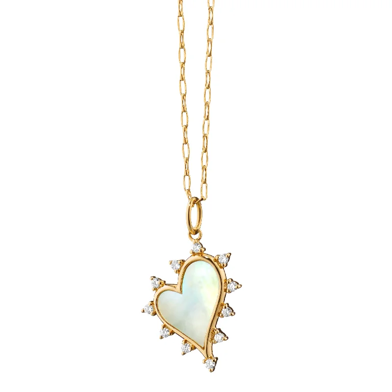 Silk fringe necklaces-Mother of Pearl Heart Necklace with Diamonds