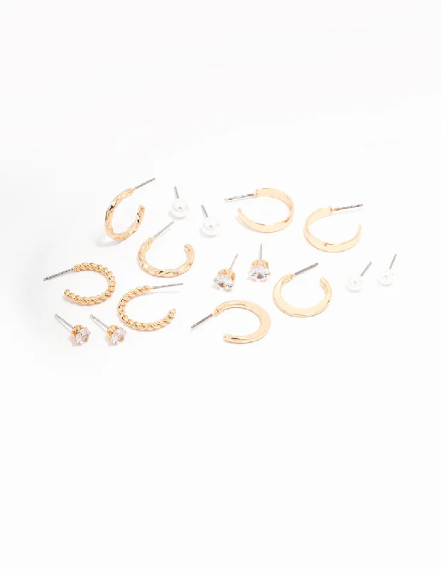 Vintage flair earrings-Gold Pearl Diamante Mixed Hoop & Stud Earring 8-Pack