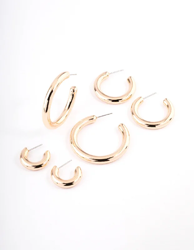 Wide statement earrings-Gold Puffy Mixed Hoop Earrings Pack