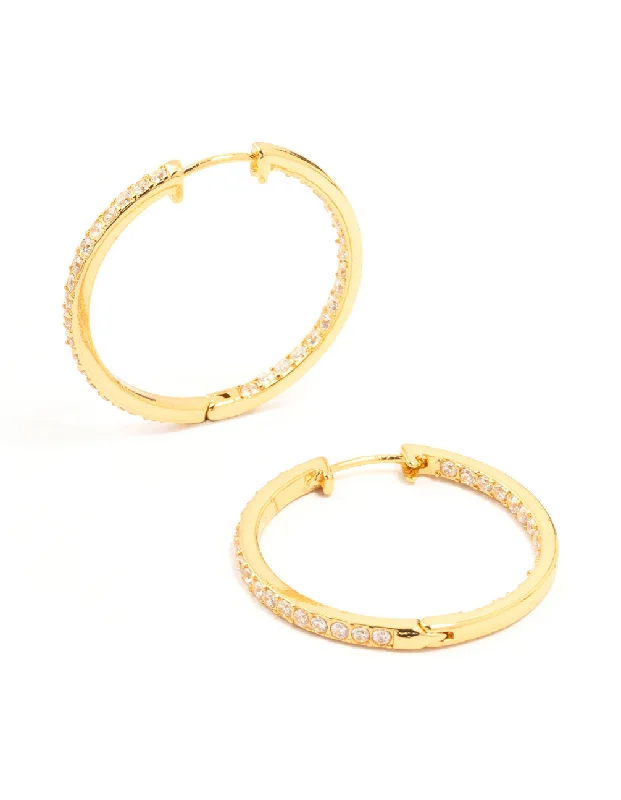 Vivid druzy earrings-Gold Plated Large Inner Pave Hoop Earrings