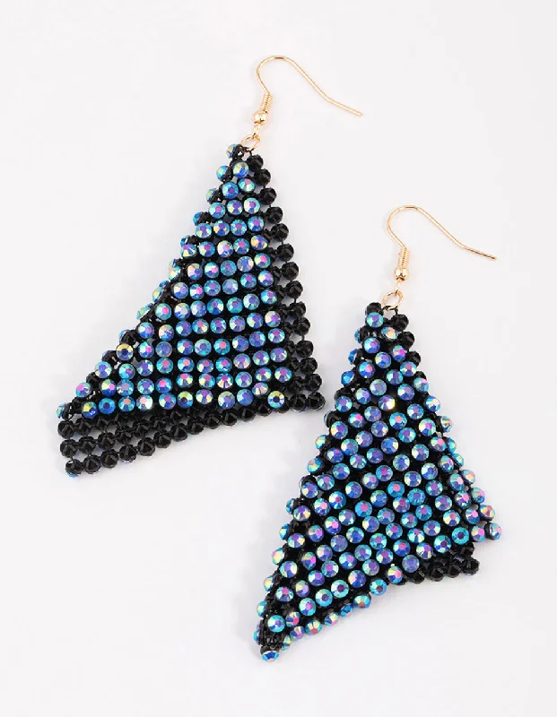 High gloss earrings-Blue Diamante Chainmail Drop Earrings