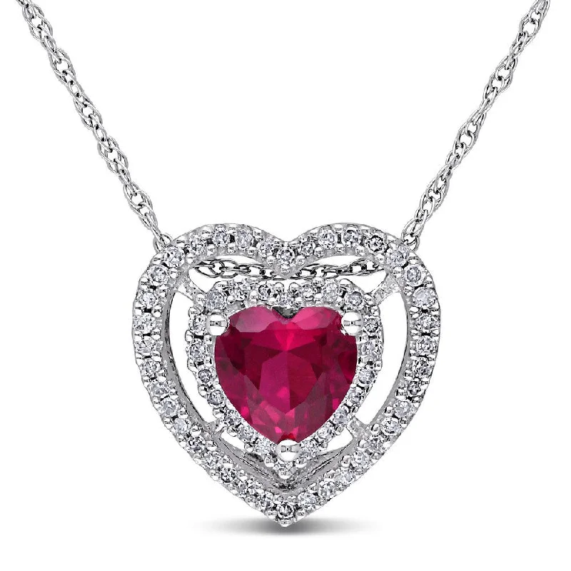 Dual birthstone necklaces-Miadora 10k White Gold Created Ruby and 1/5ct Diamond Heart Necklace (H-I, I2-I3)