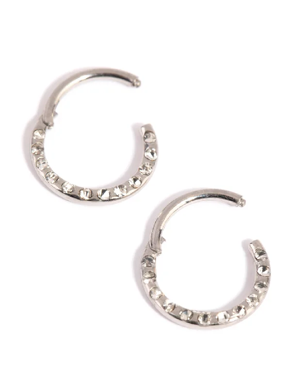 Sleek gem earrings-Surgical Steel Pave Hoop Earrings