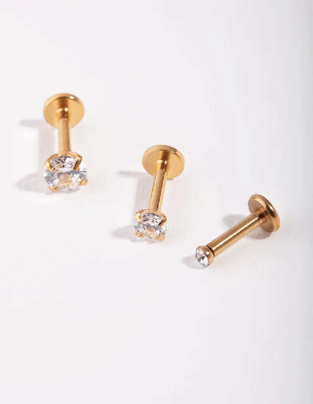 Thick bar earrings-Surgical Steel Gold Grad Cubic Zirconia Flat Back Pack