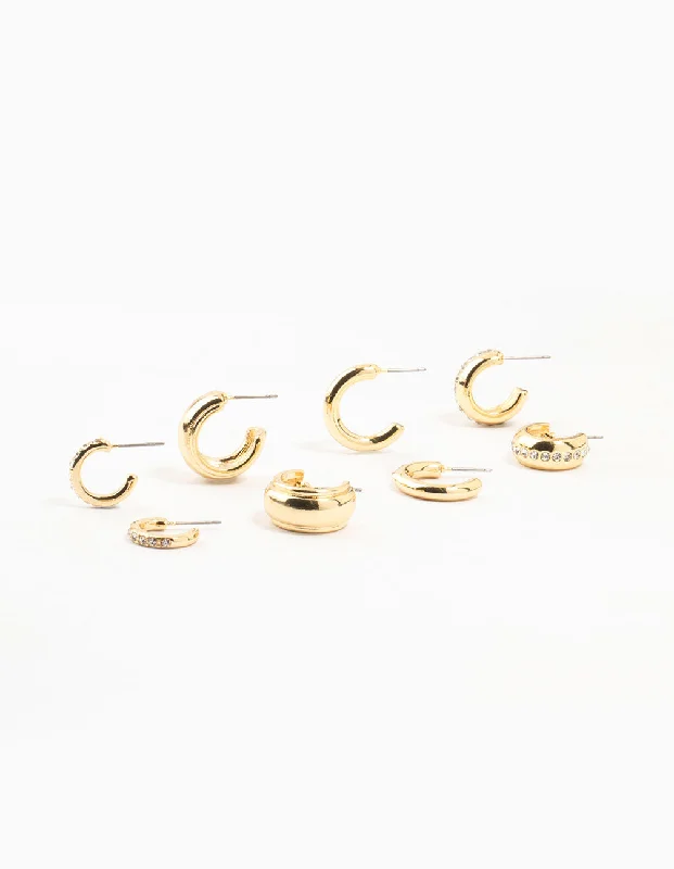 Pure stud earrings-Gold Plated Diamante Crystal Hoop Earrings 4-Pack