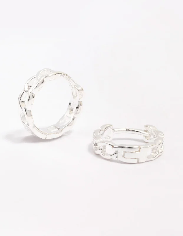 Sleek gem earrings-Sterling Silver Textured Huggie Hoop Earrings