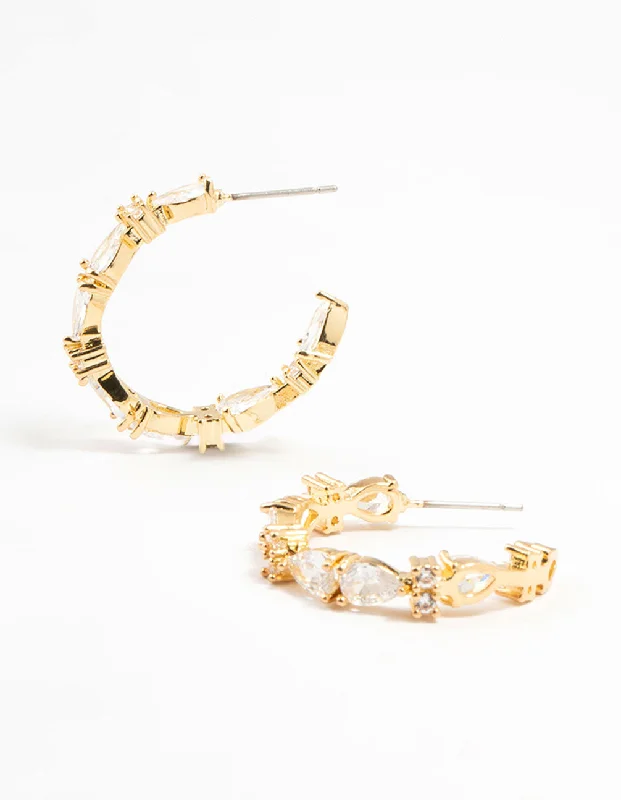 Patina brass earrings-Gold Plated Pear Cut Cubic Zirconia Hoop Earrings