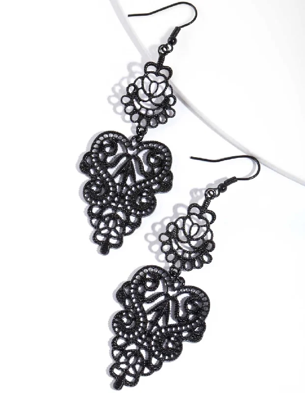 Pure crystal earrings-Black Large Filigree Drop Earrings