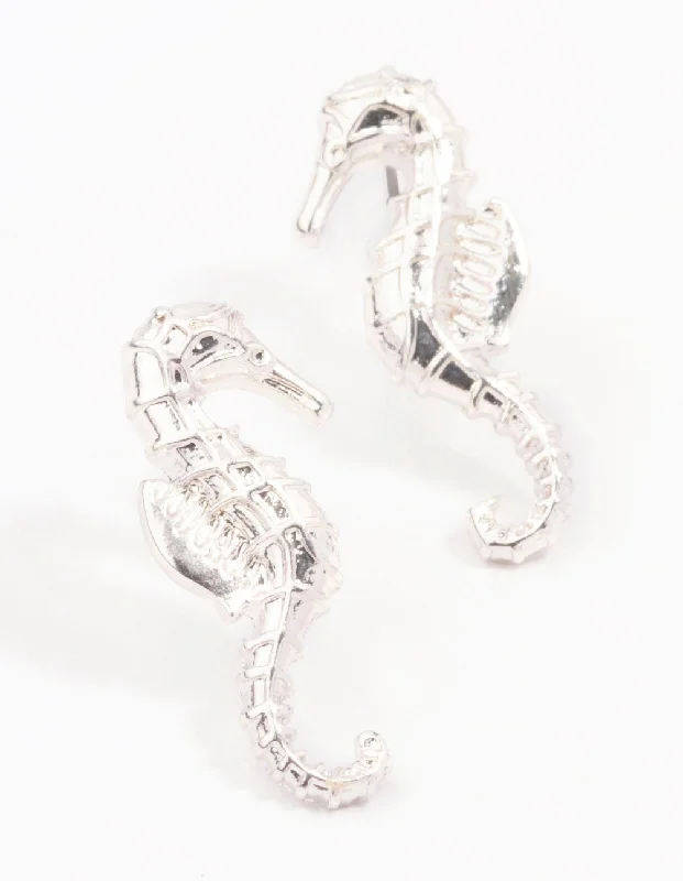 Wide hoop earrings-Silver Seahorse Stud Earrings