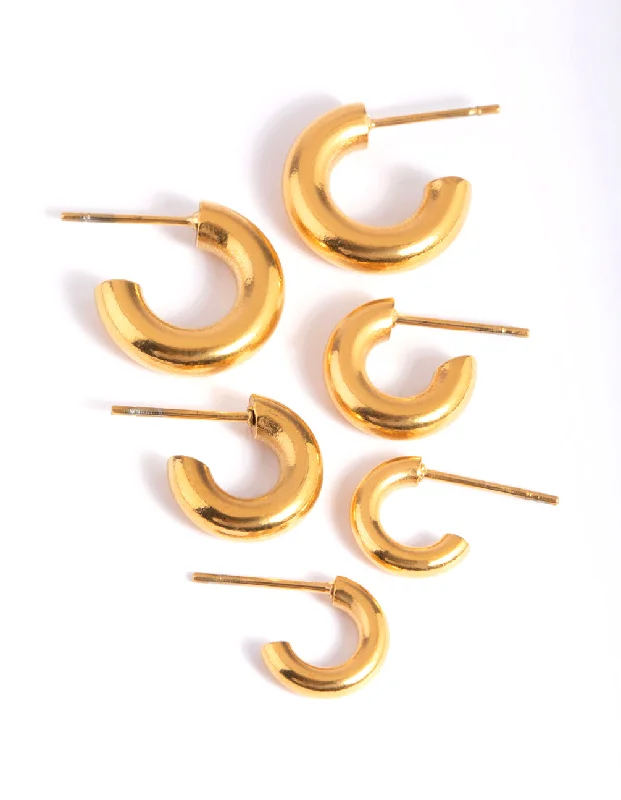 Fine threader earrings-Waterproof Gold Plated Stainless Steel Mixed Hoop Earring Pack