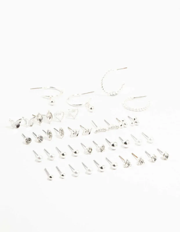 Fox wing earrings-Silver Multiple Stud & Hoop Earrings 20-Pack