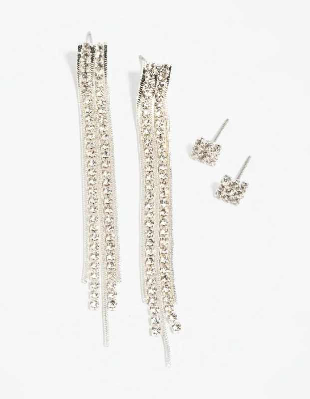 Flat knot earrings-Silver Diamante Stud Earring Set