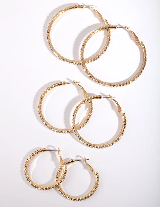 Flat badge earrings-Mixed Size Gold Diamante Hoop Pack