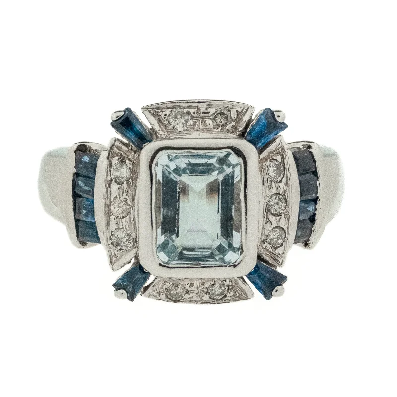 Topaz gem engagement rings-2.39ctw Aquamarine with Sapphire and Diamond Accents Ring in 14K White Gold - Size 7