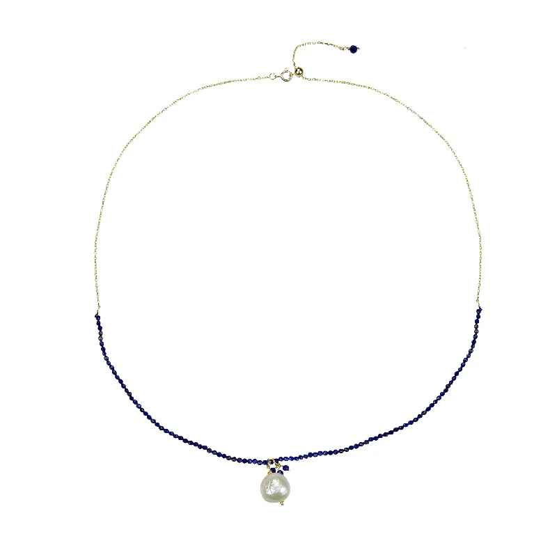 Soft silk necklaces-Gold Over Sterling Silver with Natural Lapis and Pearl Beaded Necklace