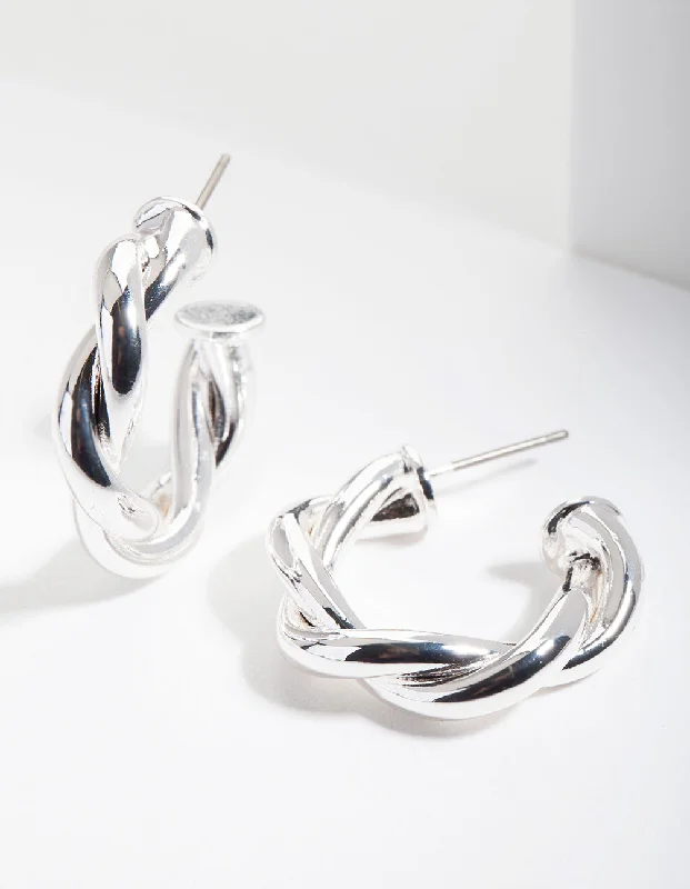 Dove feather earrings-Silver Medium Rope Hoop Earrings