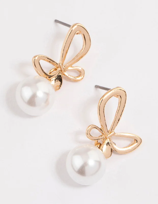 Full moon earrings-Gold Butterfly Pearl Drop Earrings