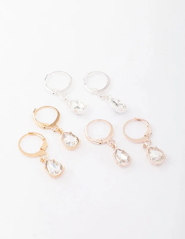 Topaz stone earrings-Mixed Metal Drop Pear Diamante Huggie Earring 3-Pack