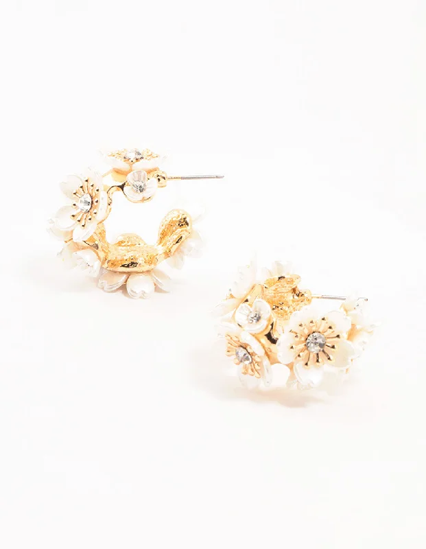 Square stud earrings-Gold Pearlised Flower Medium Hoop Earrings