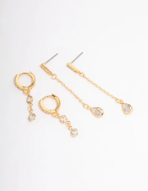 Fine triangle earrings-Gold Plated Round & Pearl Cubic Zirconia Earrings Pack