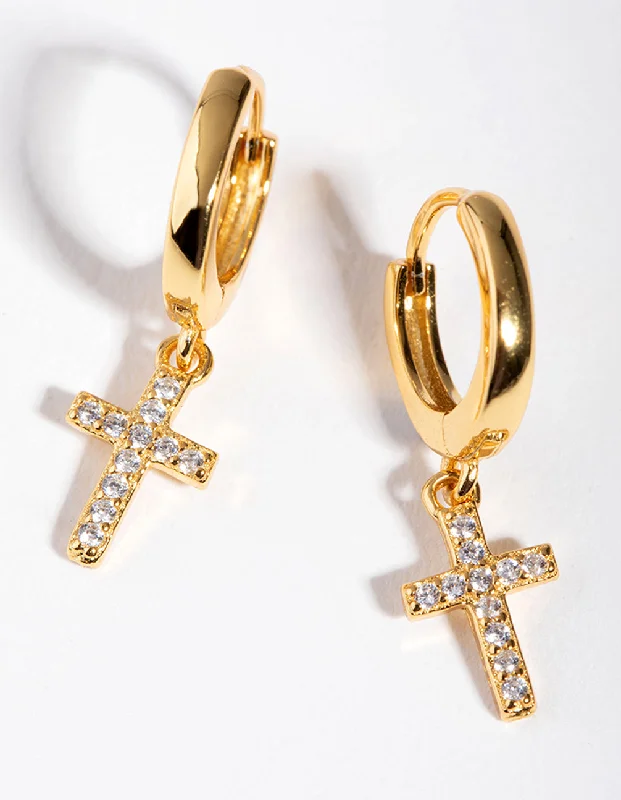 Pink gold earrings-Gold Plated Sterling Silver Cubic Zirconia Cross Huggie Earrings