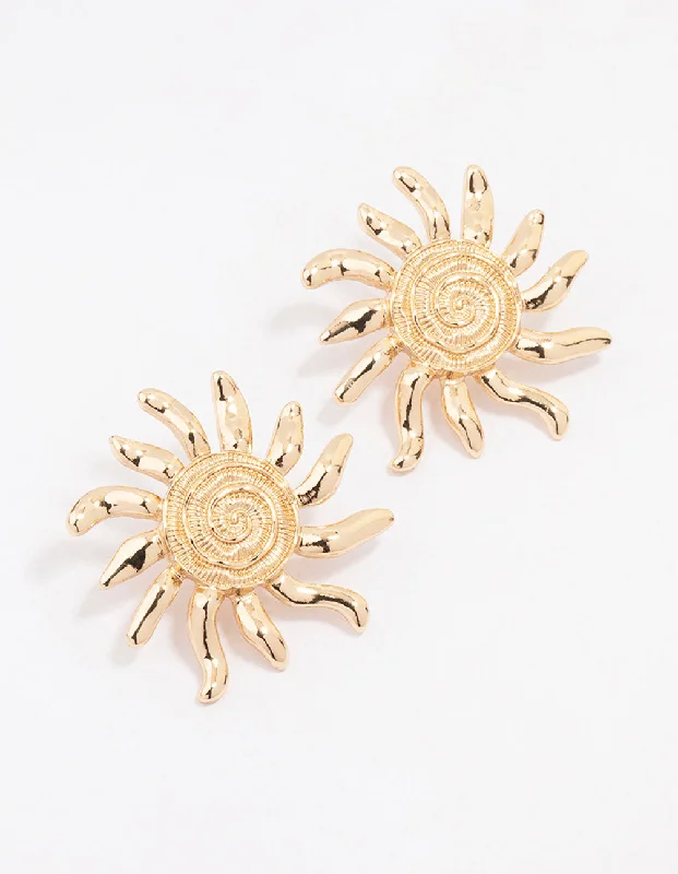 Smooth drop earrings-Gold Sun Statement Stud Earrings