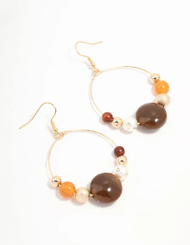 Smooth drop earrings-Brown Beaded & Pearl Acrylic Round Drop Earrings