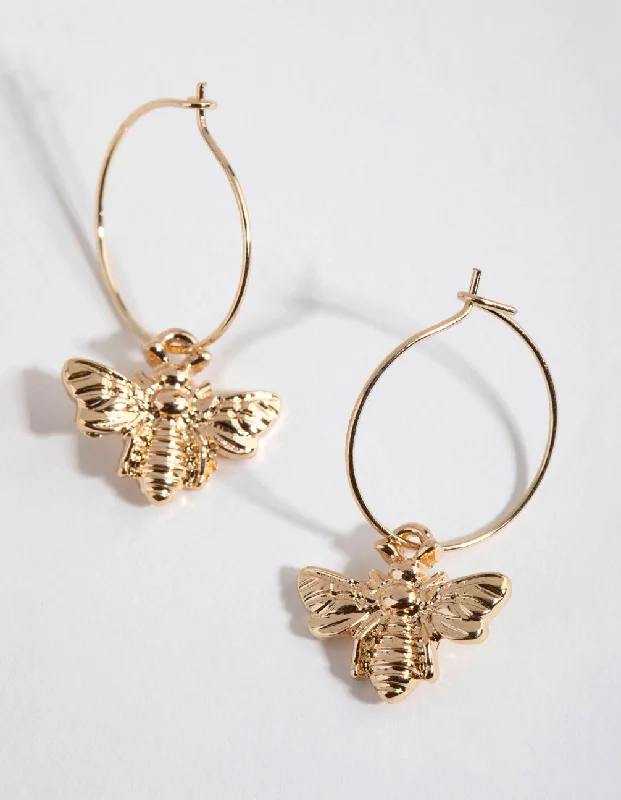 Fine threader earrings-Gold Bee Pendant Huggie Hoop Earrings