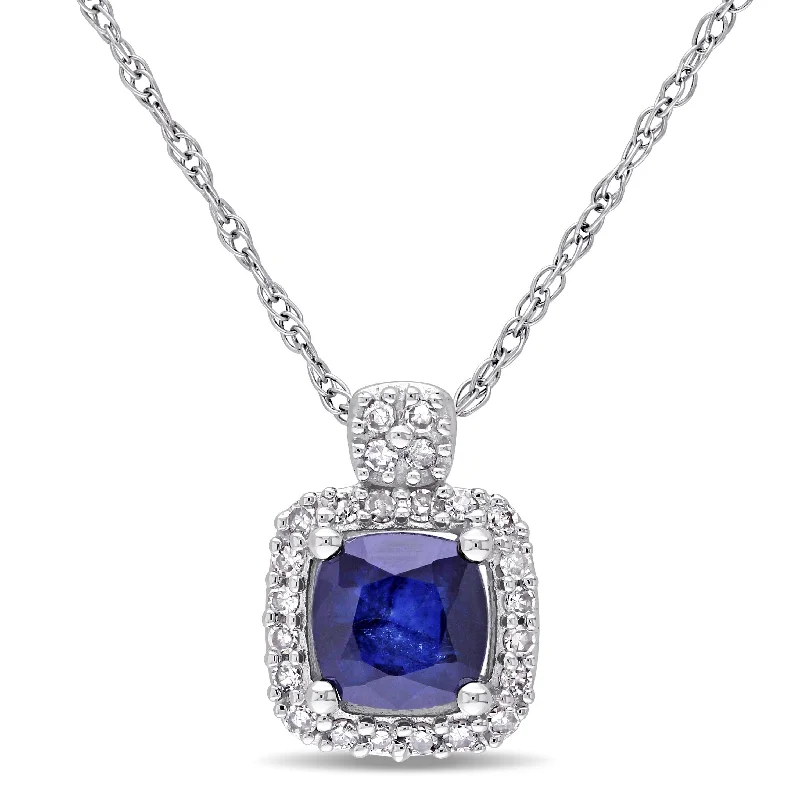 Galaxy sign necklaces-Miadora 10k White Gold Sapphire and 1/10ct TDW Diamond Square Halo Necklace - Blue