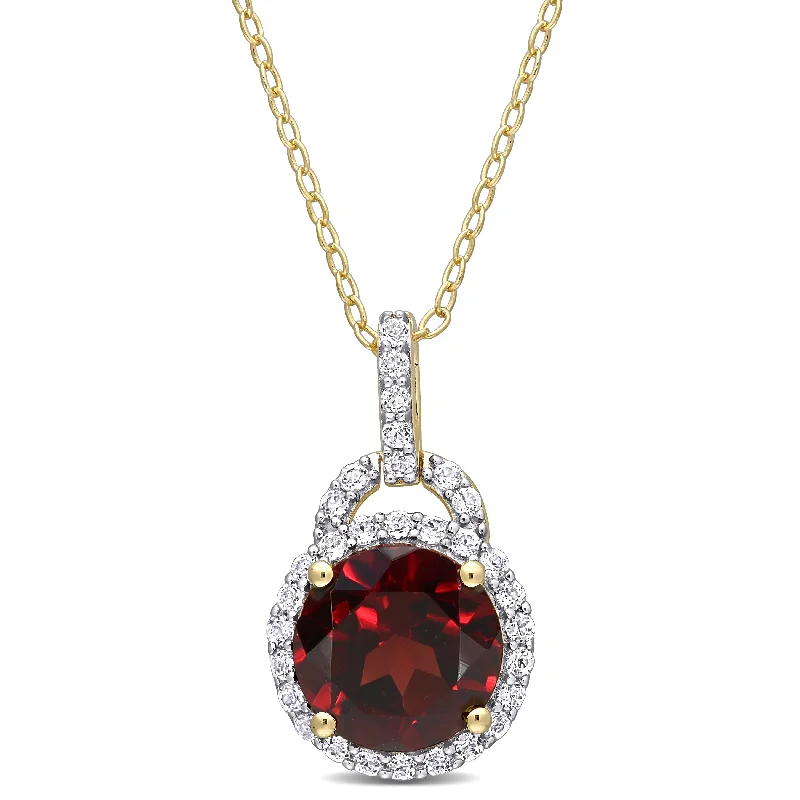 Victorian style necklaces-Miadora Yellow Plated Sterling Silver Garnet and White Topaz Birthstone Halo Drop Necklace - 20.2 mm x 18 inch x 11.6 mm