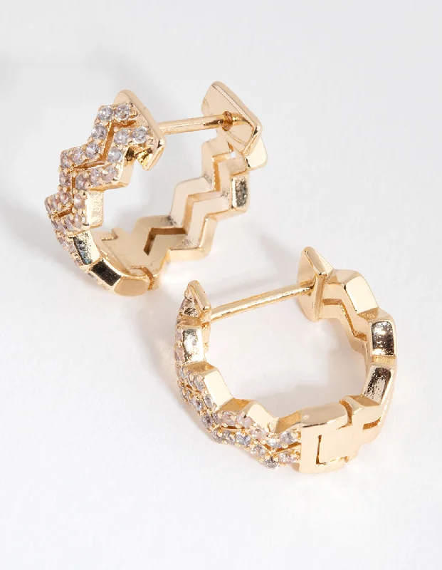 Ruby stone earrings-Gold Diamante Zig Zag Huggie Earrings