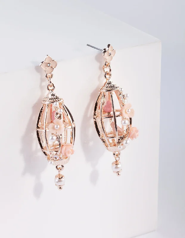 Oval dangle earrings-Rose Gold Bird Cage Drop Earrings