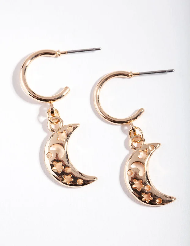 Topaz earrings-Gold Cut Out Moon Hoop Earrings