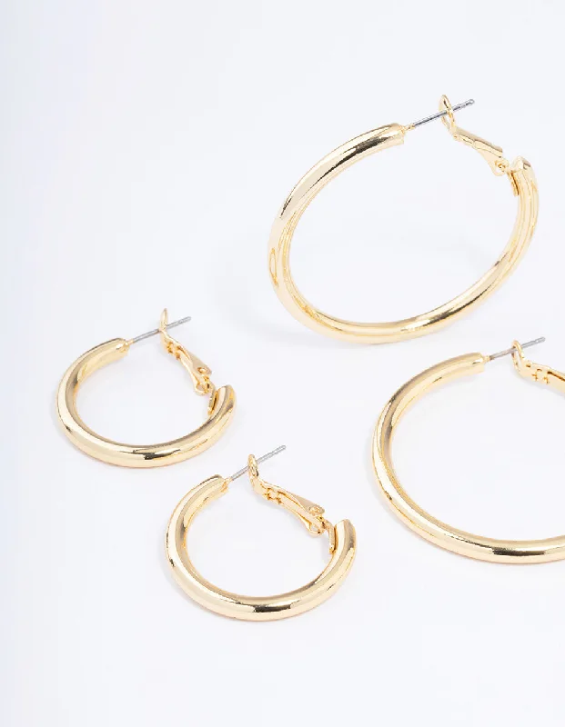 Vibrant enamel earrings-Gold Plated Basic Thick Hoop Earrings Pack