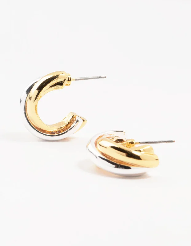 Surf theme earrings-Mixed Metals Cross Hoop Stud Earrings