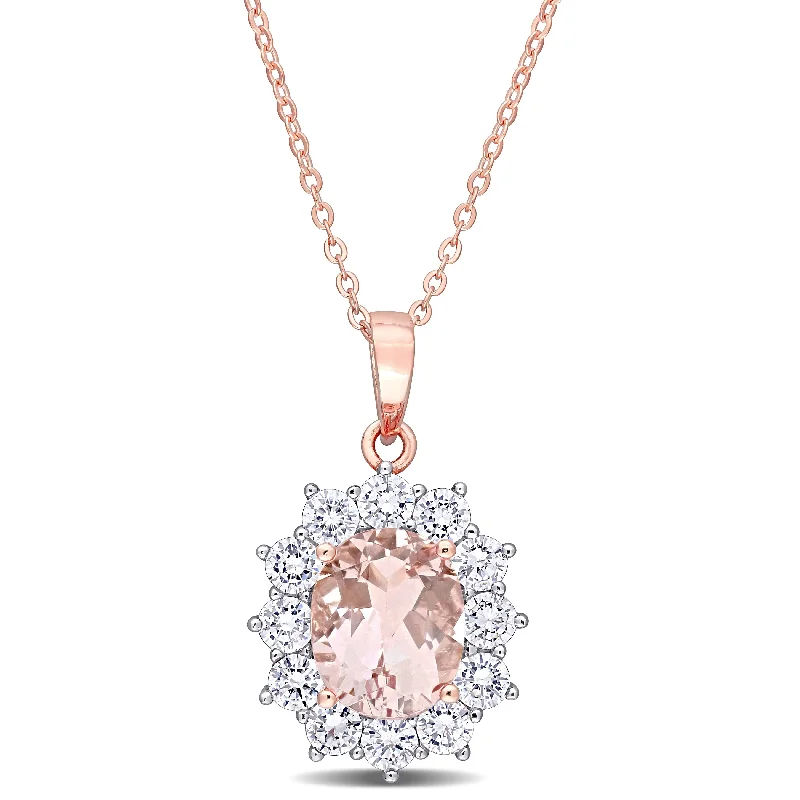 Layered chain necklaces-Miadora Rose Plated Sterling Silver Oval-cut Simulated Morganite & Cubic Zirconia Floral Halo Necklace - 18 inch x 16 mm