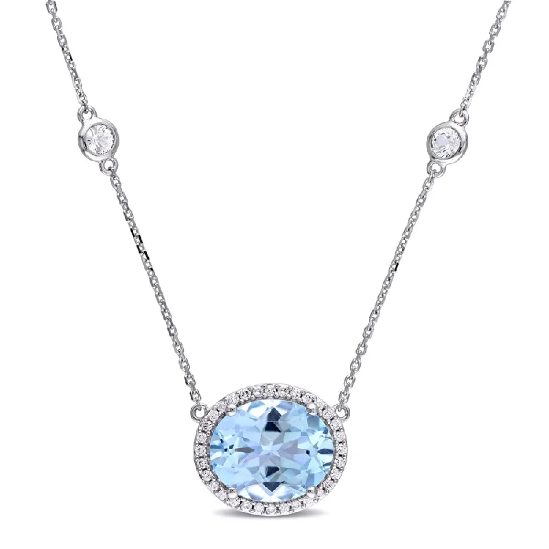 Spiral knot necklaces-Miadora Signature Collection 14k White Gold Blue Topaz White Sapphire and 1/6ct TDW Diamond Station Halo Necklace (G-H, SI1-SI2)