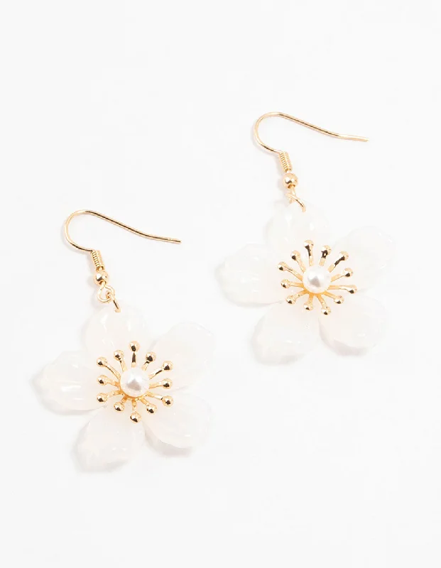 Vivid gem earrings-White Acrylic Spikey Flower Pearl Drop Earrings