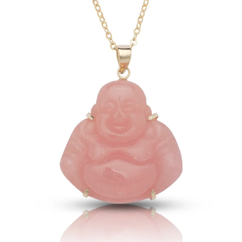 Light wood necklaces-Curata 14k Yellow Gold 18"Carved Dyed Pink Jade Buddha Eyes Pendant Necklace (22mm x 28mm) - 25mmx30mm