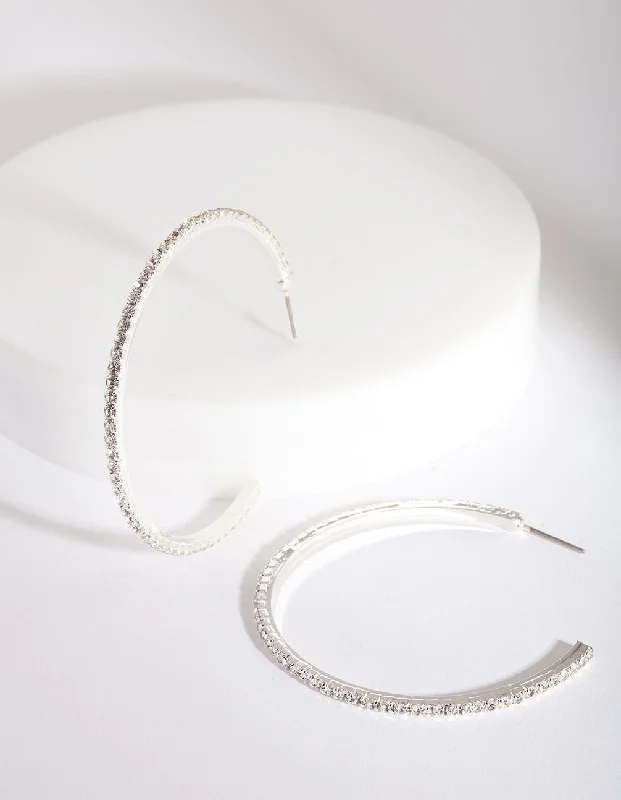 Wide hoop earrings-Silver Fine Diamante Hoop Earrings