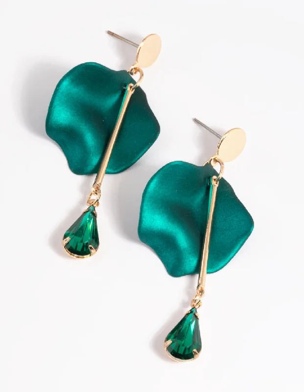 Wide tier earrings-Green Petal & Pear Stone Drop Earrings