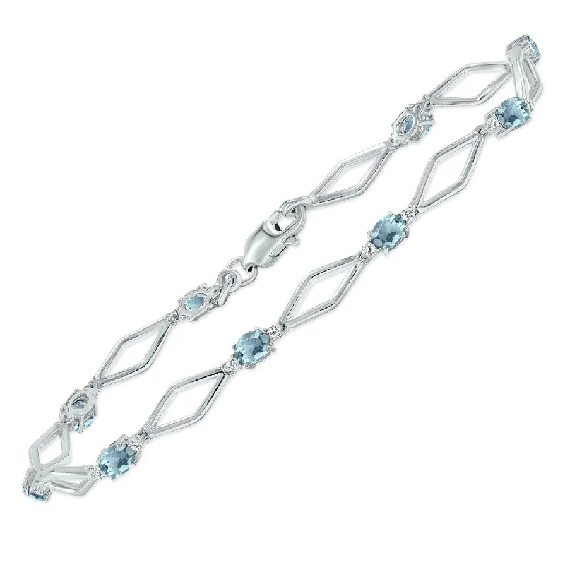 Light filigree bangles-Marquee Aquamarine and Natural Diamond Star Link Bracelet in .925 Sterling Silver