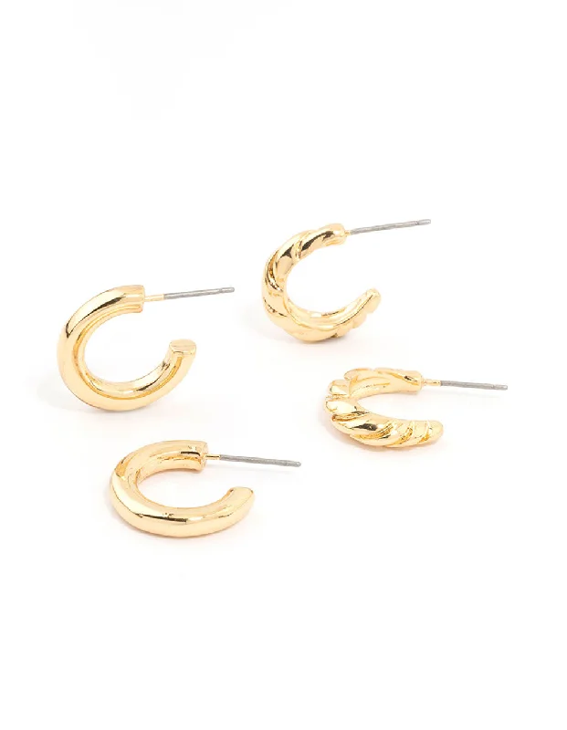 High gloss earrings-Gold Plated Textured & Smooth Hoop Earrings 2-Pack