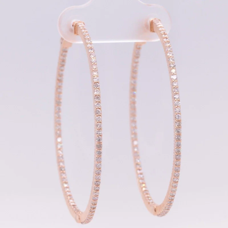 Smooth drop earrings-LARGE 14k Rose Gold Diamond In & Out Hoop 1.70" Earrings 1.63ctw - Snap Closure