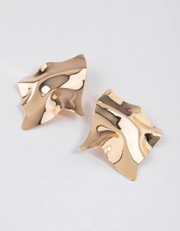 Wide statement earrings-Gold Textured Disc Statement Stud Earrings