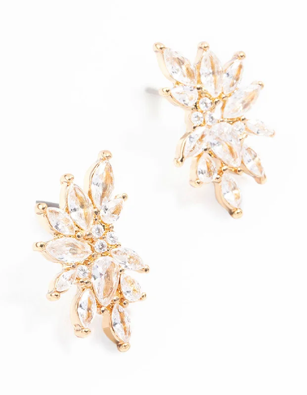 Astro charm earrings-Gold Plated Marquise Fan Leaf Stud Earrings