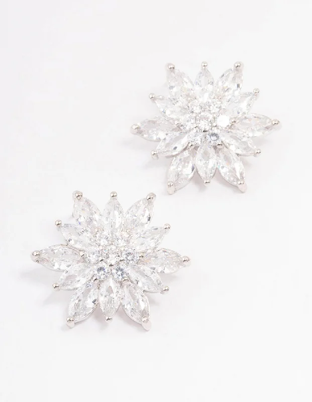 Pure crystal earrings-Silver Cubic Zirconia Flower Stud Earrings