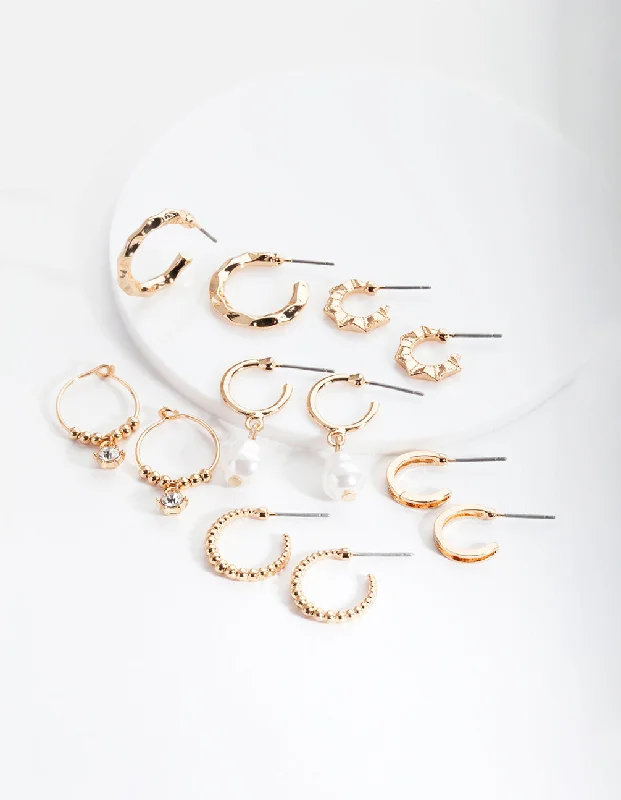 Ripple drop earrings-Gold Mini Pearl Hoop Earring 6-Pack