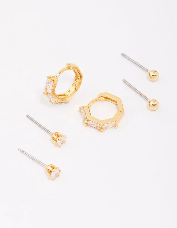 Flat knot earrings-Gold Plated Brass Baguette Gold Ball Earring 6-Pack