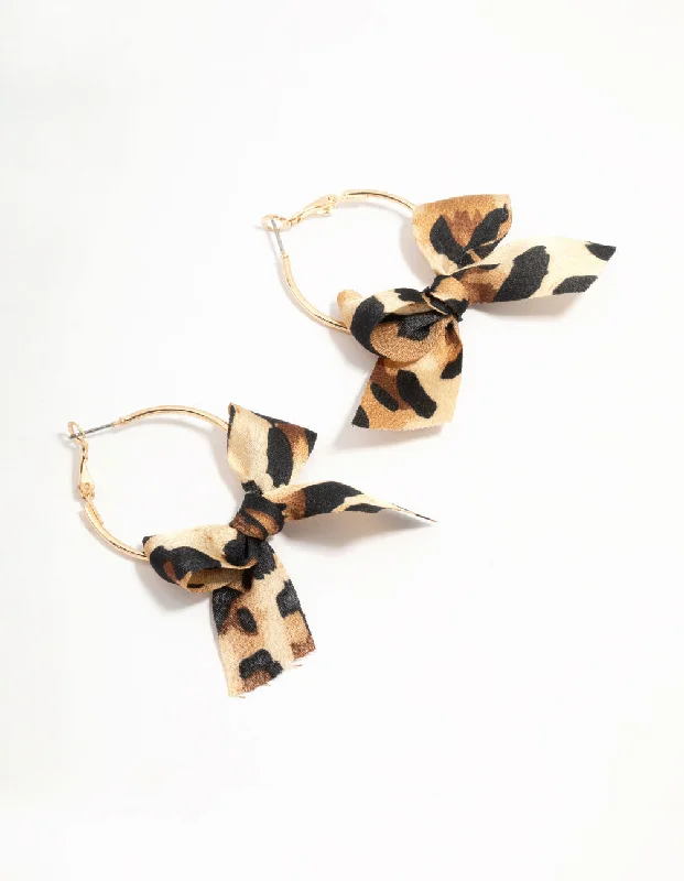 Thick bar earrings-Cheetah Bow Fabric Hoop Earrings